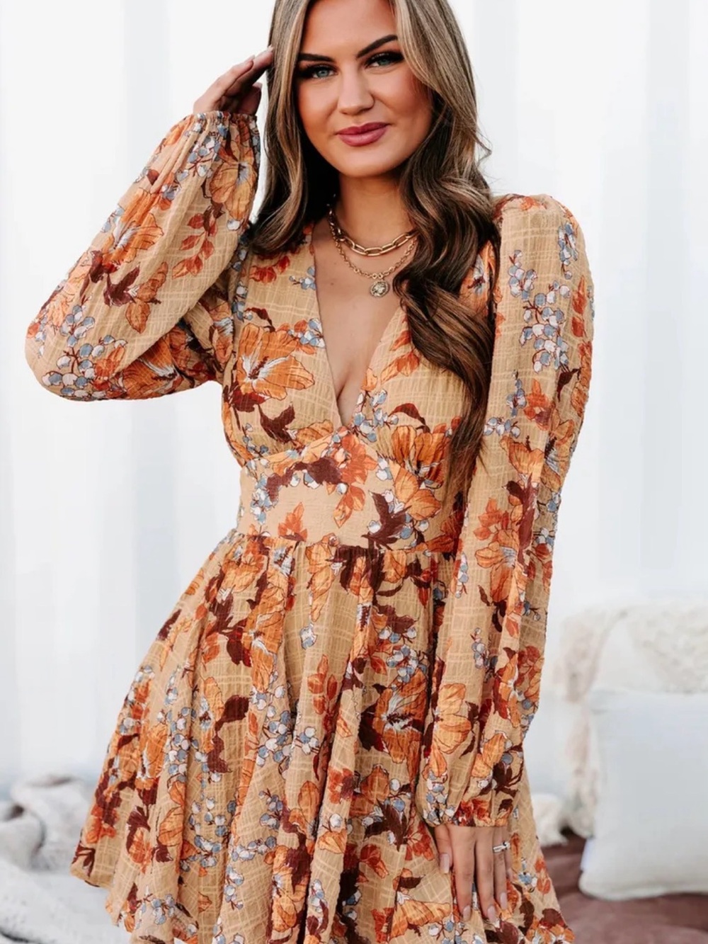 V-Neck Floral Mini Dress in Warm Beige